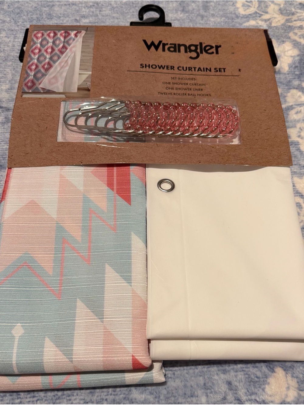 Wrangler Pink & Light Blue Geometric Shower Curtain Set with White Liner